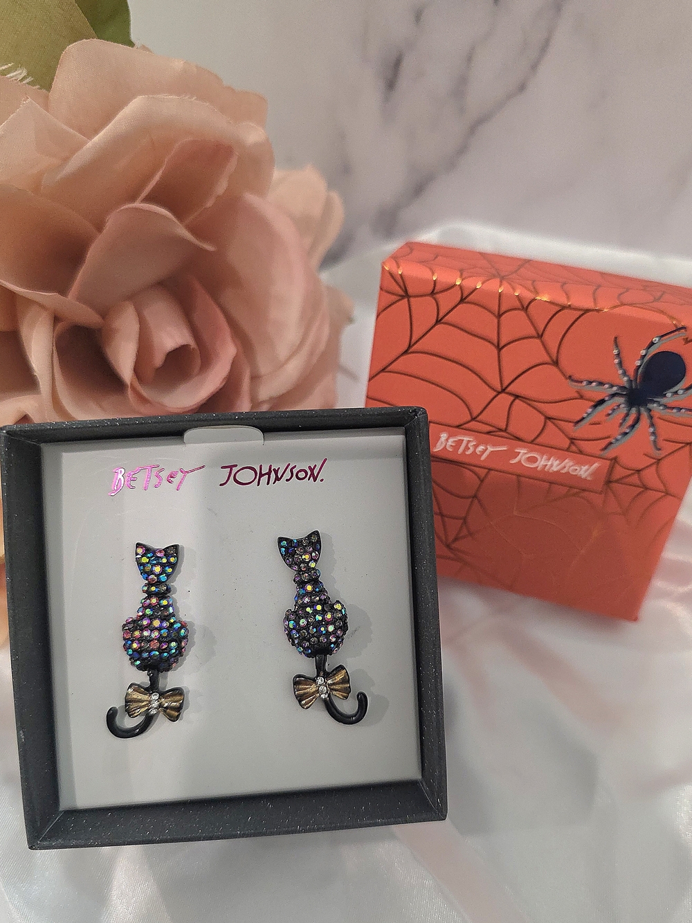 Betsey Johnson Multicolor Crystal Cat Drop Earrings